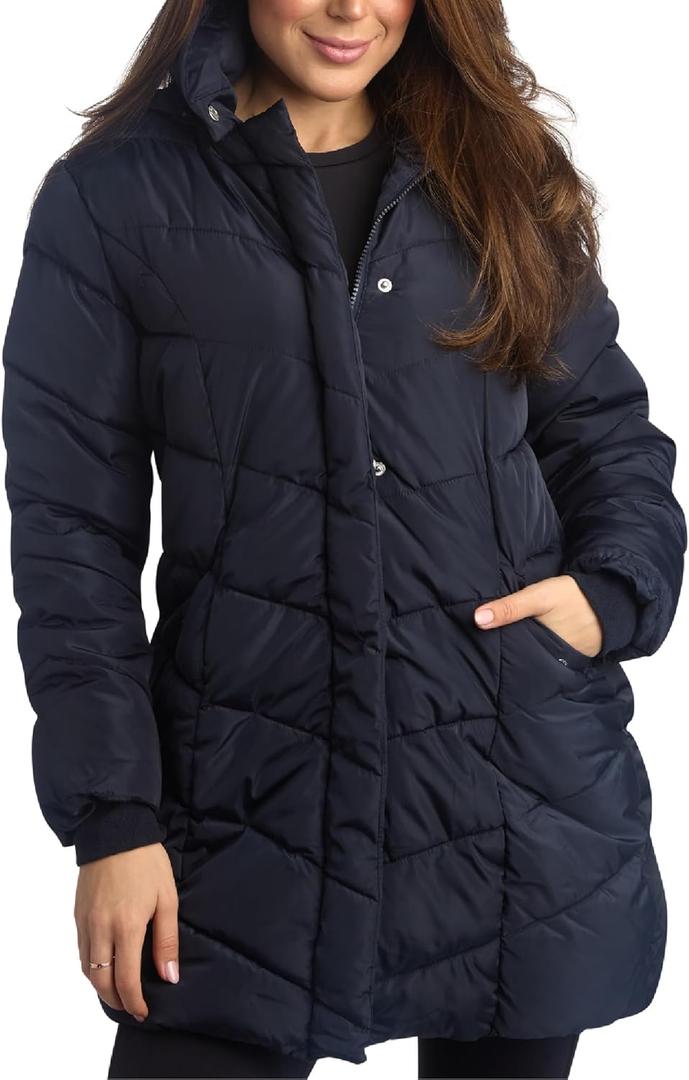 Steve Madden Womens Long Puffer Coat - Heavyweight Insulated Fall Winter Jackets for Women Windproof Long Length Bubble Parka (Medium, Navy)