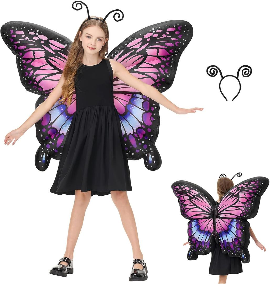 Inflatable Fairy Wings for Girls,Kids Butterfly Wings with Butterfly Antenna Headband,Angel Wings Fairy Costume Halloween Blow up Costumes with Headband LED Dress Up Party