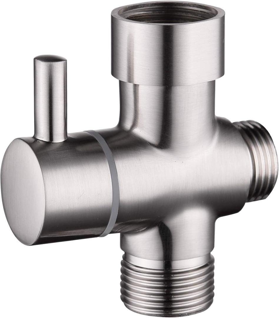 3-Way Solid Brass Brushed Nickel Shower Arm Diverter Valve G1/2 Thread - Universal Bathroom Replacement for Handheld and Fixed Showerheads - Tool-Free Installation Leak-Proof Design