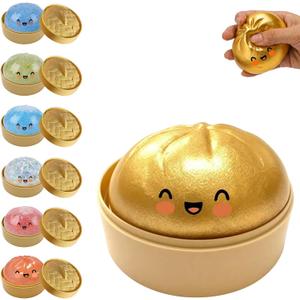 Glitter Dumpling, Glitter Dumpling Squishy with Box, 7 Color Options Dumplings Squishy Toy for Stress Relief for Adults (Gold Emoji bun)