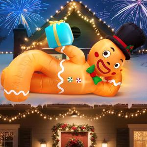 10FT Christmas Inflatable Outdoor Decoration, Lying Gingerbread Inflatable Blow up Yard Decorations with LEDs, Giant Gingerbread Christmas Inflatable for Roof Garden Lawn Home Xmas Party