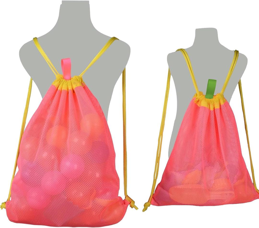 Beach Toy Bag 2 Pack, Mesh Drawstring Backpack for Kids and Adults - Quick Dry Sand Free Mesh Beach Bag, Portable Sand Toy Backpack, Sea Shell Bags, Shelling Tools, Bags Only (Bright Pink), Large and Medium