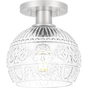 Brushed Nickel Semi Flush Mount Ceiling Light, Vintage Flush Mount Ceiling Light, Small Kitchen Lighting Fixture with Globe Glass, Closet to Lights for Hallway Porch Bedroom, Bulbs Not Included