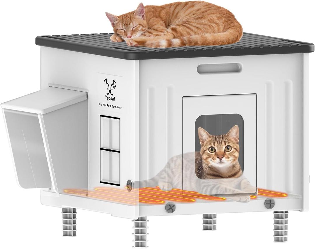 Heated Cat House for Outside, High Insulated Heated Outdoor Cat Shelter 100% Weatherproof with Escape Door, Elevated Outdoor Cat House with Heater for Feral Stray Barn Cat Kitty 17.7"x17"x17.5"