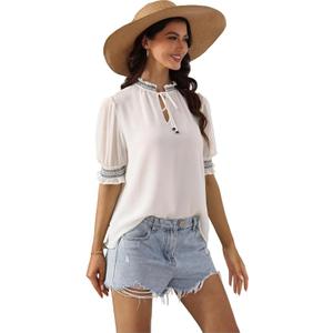 Blousart Summer Short Sleeve Shirt for Women Tops White Dressy Casual Business Round Chiffon Crewneck Smocking Blouse Loose Fit(XS, White)