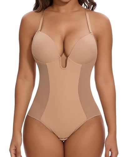 SHAPERIN Women's Backless Shapewear Tummy Control Body Shaper Bra Faja U Plunge Low Back Shapewear Bodysuit (Medium,Nude)