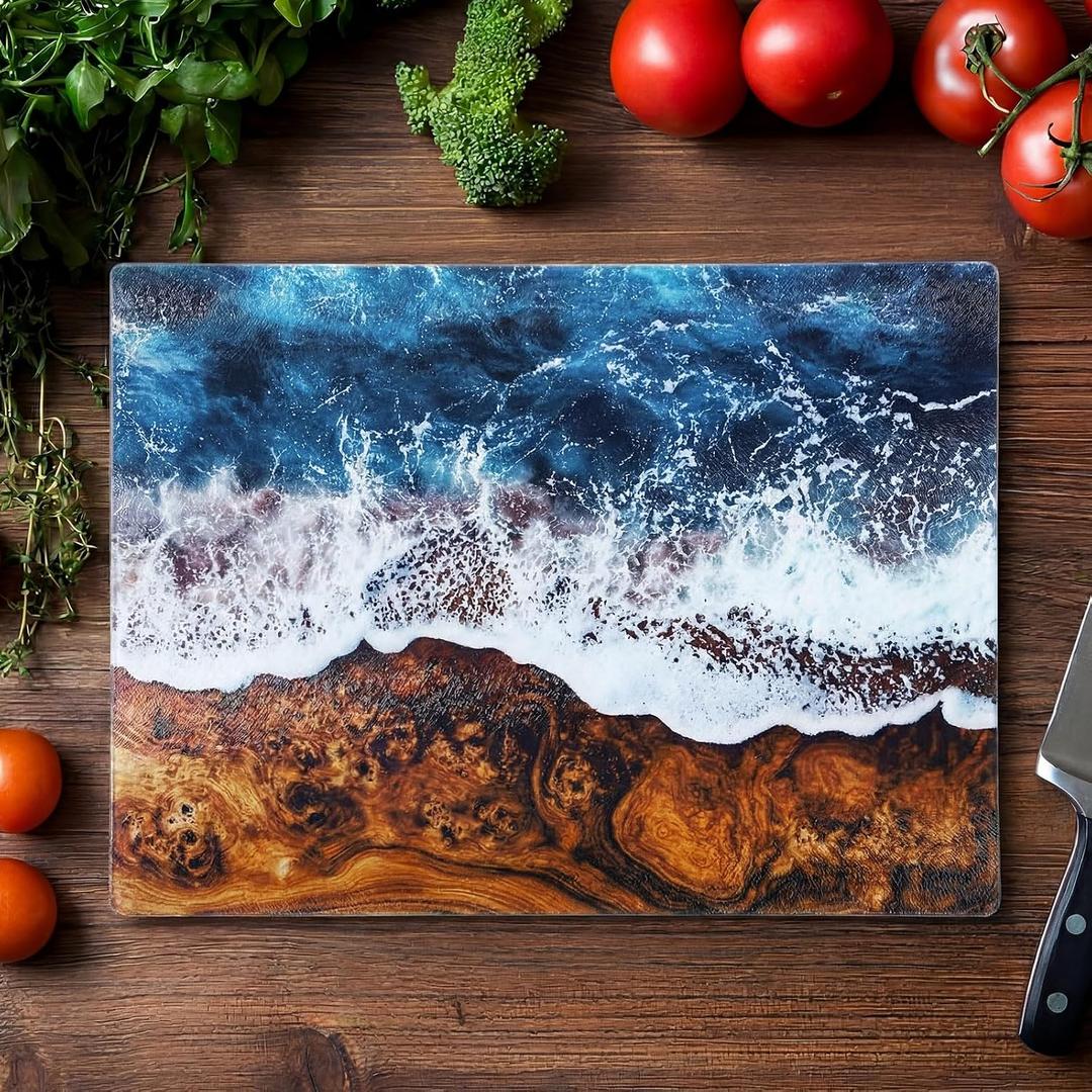 Grain Ocean Waves Glass Cutting Board 11 x 15 Inch Large Tempered Glass Cutting Chopping Board with Non-slip Feet Stylish Charcuterie Gift for Kitchen Countertop Mother's Day Housewarming, 14.9"L x 10.9"W