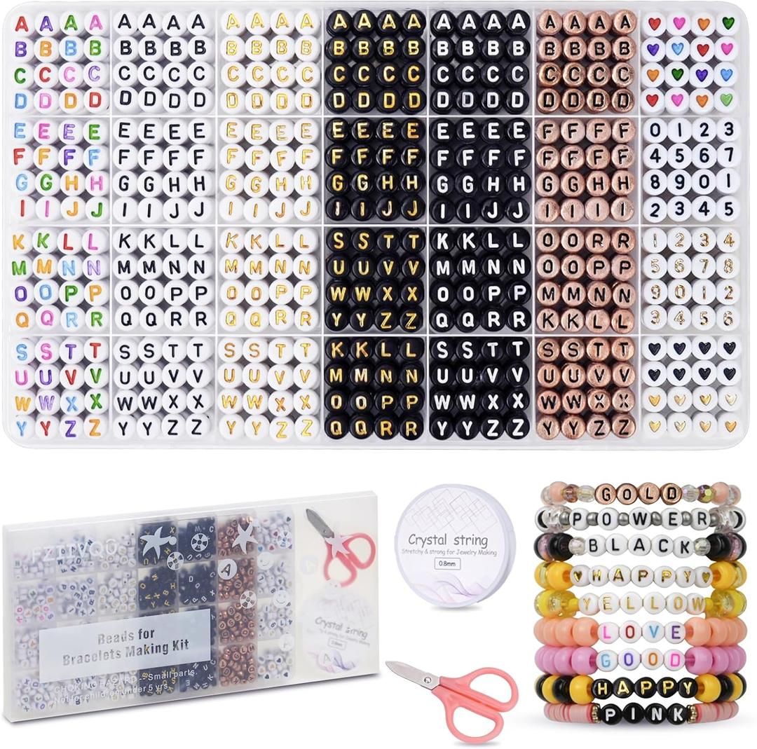 FZIIVQU 1400pcs Letter Beads Kit, 6 Colors 4x7mm Alphabet Beads, Number Beads Heart Beads for Bracelets Making Friendship Bracelet Kit