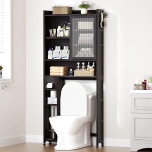 Over The Toilet Storage Cabinet with Acrylic Door Panel and Paper Towel Drawer, Bamboo Space Saver Shelf, Bathroom Organizer Rack Above WC (Without Power Strip, Brown)
