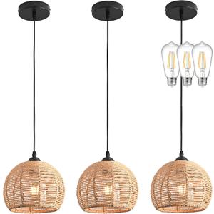 3 Pack Wicker Pendant Light Natural Woven Pendant Light Boho Chandelier Light Fixture Dome Rustic Farmhouse Pendant Lights Rattan Light Fixture for Dining Room Kitchen Island (Bulb Incl.)