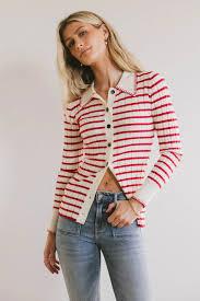 EXLURA Womens Fall Striped Cardigan Sweaters Long Sleeve Button Up Polo Collar Sweater Slim Knit Lightweight Trendy Tops 2025, M