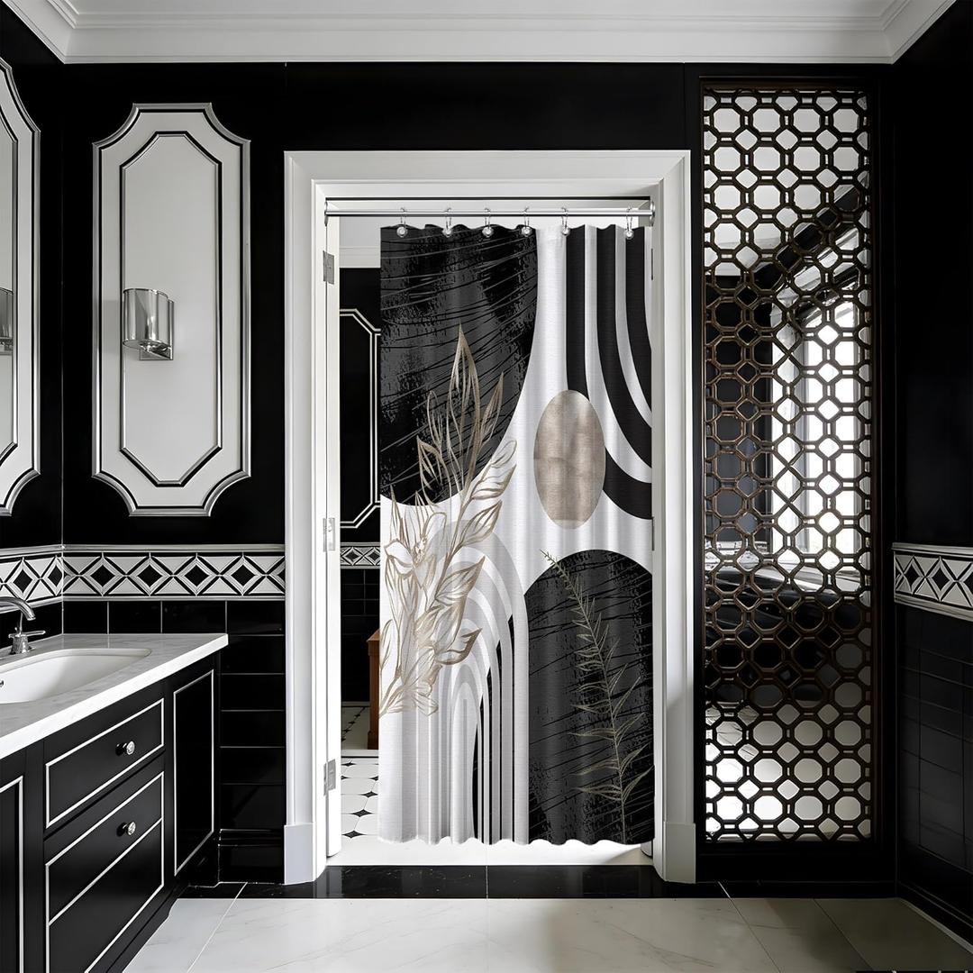 Mid Century Modern Black and White Shower Curtain Cool Charcoal Grey Silver Shower Curtains for Mens Bathroom Decor Sets, Abstract Boho Pattern, Waterproof Cloth Fabric with Hooks 36x72 in