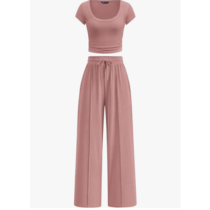 PRETTYGARDEN Women's 2 Piece Matching Lounge Sets Ribbed Short Sleeve Crop Tops Wide Leg Pants 2026 Summer Airport Outfits (M, Pink)