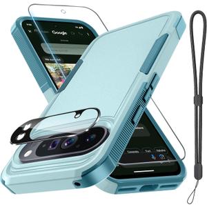 for Google Pixel 10 Pro XL Case with Wrist Lanyard Strap+Tempered Glass Screen Protector+Camera Lens Cover,Full Body Heavy Duty Rugged Shockproof Protective Phone Cover,Mint Green