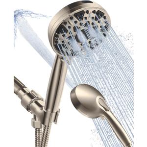 Shower Head With Handheld 7 Settings High Pressure, Built-in Power Wash to Clear Tub, Tile & Pets, 5" High Powerful Hand Held Rain Showerhead with Stainless Steel Hose and Adjustable Bracket (Nickel)