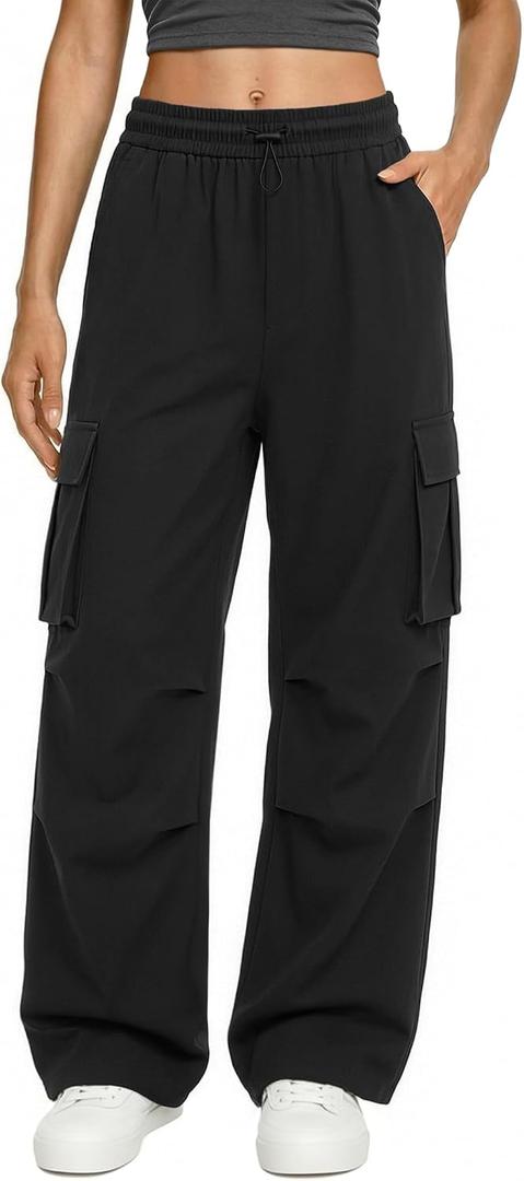 keriffe Womens Cargo Pants High Waisted Casual Baggy Parachute Wide Leg Hiking Pants with 4 Pockets (Black, XL)