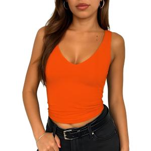 ForeFair Women's Sleevelsee V Neck Crop Tank Top Summer Double Layer Going Out Workout Casual Basic Tops (Orange, S)