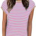 Cap Sleeve Tops for Women Summer Striped Short Sleeve Sweater Top Crew Neck Sleeveless Vest Spring Going Out Shirts (Medium, Pink)