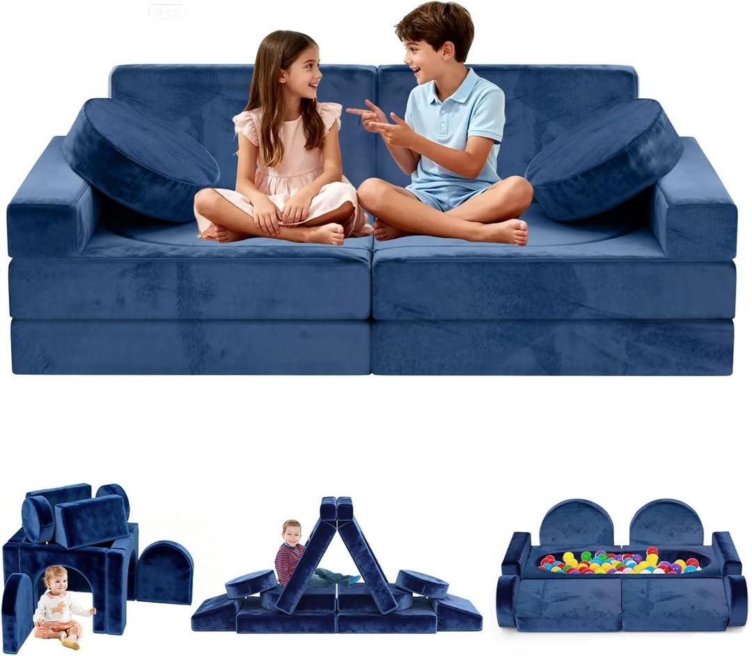 12pcs Modular Kids Play Couch - CPC Certified Convertible Toddler Sectional Sofa, Washable Durable Foam Floor Cushion for Kids Playroom (Play Fort/Castle) (Blue)