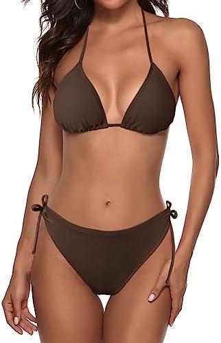Zonsaoja Women String Bikini Set Halter Side Tie Two Piece Swimsuit Triangle Bathing Suits Size M