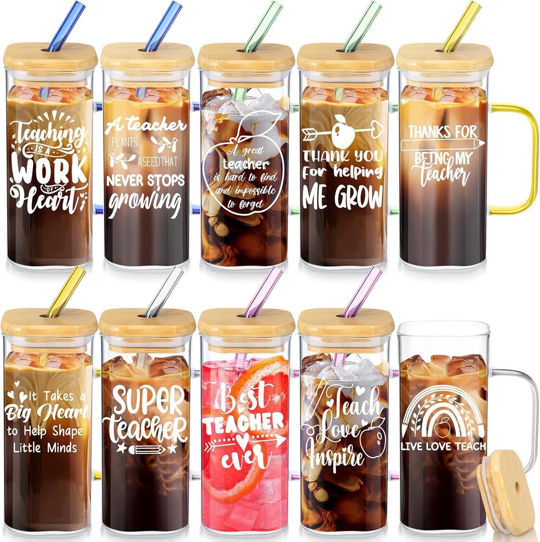 10 Pcs Appreciation Glass Cup Bulk 13. 5 oz Square Thank You Teacher Cup with Handle Lid Straw Glass Jar Motivation Bottle Tumbler for Father Day Men Staff Employee Team School(Classic)