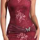 XXTAXN Women's Sexy Tube Strapless Floral Pattern Ruched Bodycon Date Night Mini Dress with Bow Tie (Winered Printing)