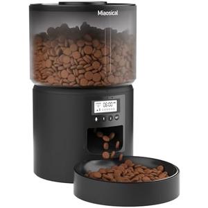 Miaosical Automatic Cat Feeder,3.6L Flexible Schedule Timer,6 Meals/Day,1-12 Portions/Meal,Dual Power Auto Feeder Dry Food Dispenser with Voice Record,for Cats & Small Dogs (Black, Basic Bowl)