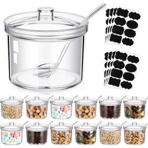 Tioncy 12 Pieces Sugar Bowls with Lid and Spoon Ice Cream Hot Cocoa Chocolate Bar Supplies Clear Acrylic Sugar Jars Candy Dispenser with Tag for Condiment Jars Seasoning Box Kitchen (7.1 oz)