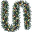 Christmas Garland with Lights - 9FT Pre-Lit Flocked Garland with 50 LED Bulbs, Red Berries, Pine Cones, Artificial Pine Battery Operated Garland for Fireplace, Staircase, Indoor & Outdoor Decoration