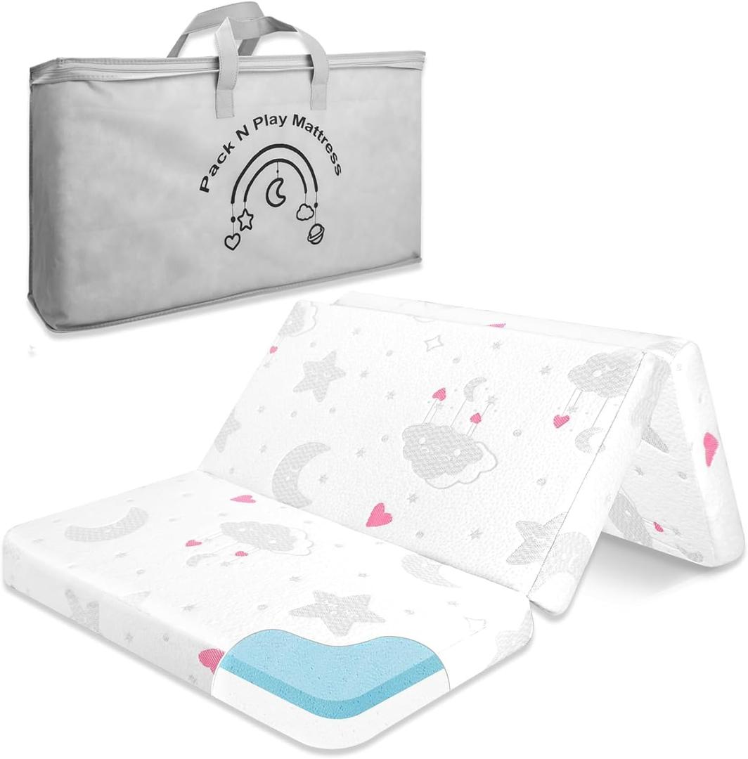 Pack and Play Mattress Trifold - 38"x26"x3'' Dual-Sided Memory Foam Pack N Play Mattresses - Portable Baby Crib Mattress with Breathable Removable Cover
