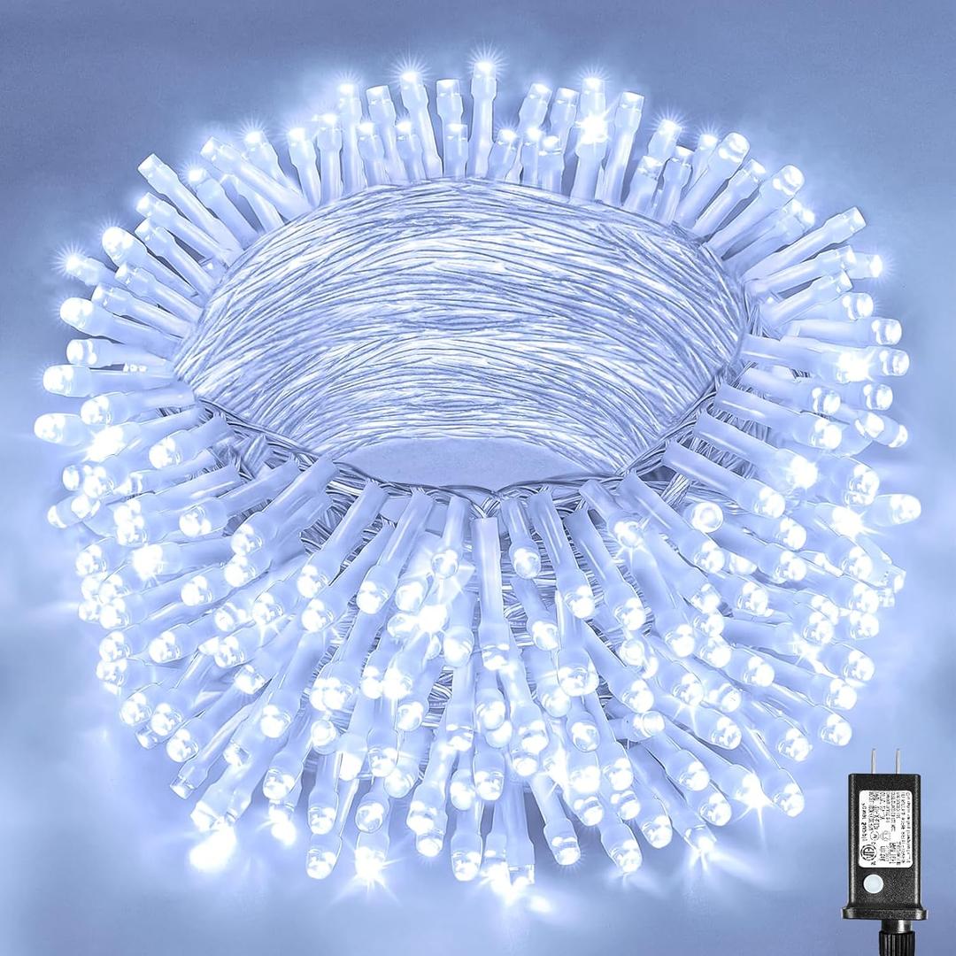 100ft White Christmas Lights Outdoor 300 LED String Lights Indoor Clear Wire Waterproof, 8 Modes Connectable Twinkle Fairy String Lights Plug in for Outside Room Bedroom Party Wedding Decorations