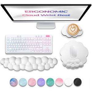 TheTrulyCharter Premium Quality Cloud Wrist Rest Keyboard & Mouse Pad Set – Ergonomic Memory Foam Desk Accessories with Wrist Support for Office & Gaming – White Lether