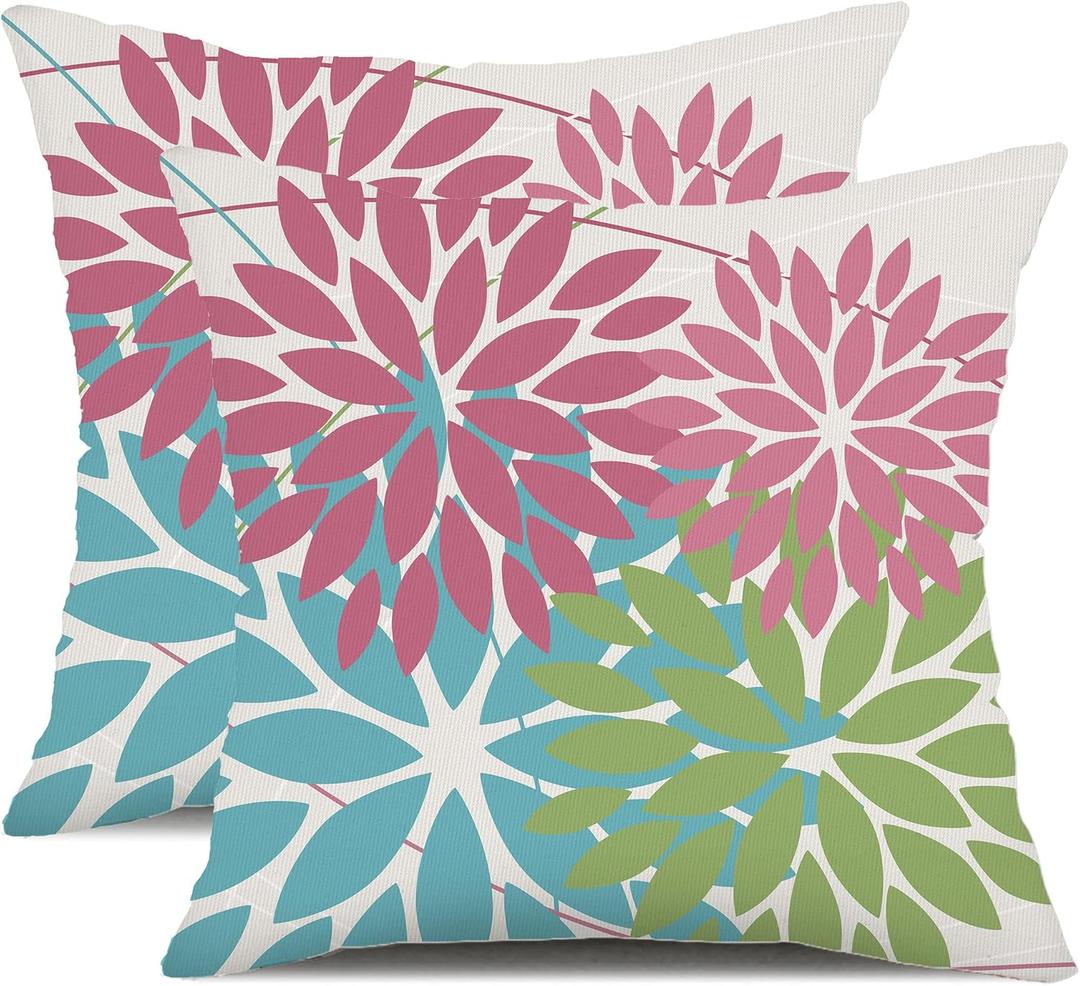 DFXSZ Outdoor Throw Pillow Covers 16x16 Inch Set of 2 Waterproof Spring Summer Geometric Elegant Pink Blue Green Outdoor Easter Pillow Covers for Patio Furniture Garden Couch 168B16