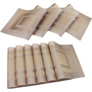 PIGCHCY Placemats with Matching Table Runner,Heat Resistant Vinyl Woven Washable Table mats Sets (6 Placemats+1 Table Runner,Champagne)