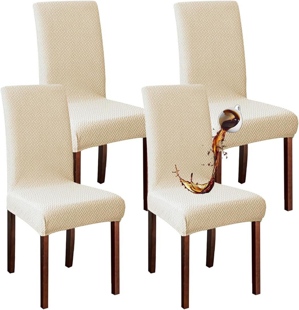 Waterproof Chair Covers Dining Chair Cover,Removable Washable Jacquard Parsons Chair Covers (Cream-Set of 4)
