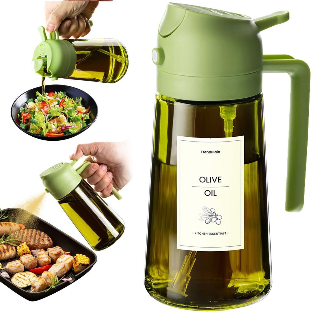 TrendPlain - Original 16oz/470ml Olive Oil Dispenser Bottle for Kitchen Gadgets and Air Fryer Accessories - Olive Oil Sprayer for Cooking w/Stickers - Green