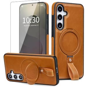 for Samsung Galaxy S23 Case Leather with Stand, Anti-Slip Shockproof Loop, Compatible with MagSafe, Magnetic Protective Galaxy S23 Leather Case (Brown, S23-6.1inch)