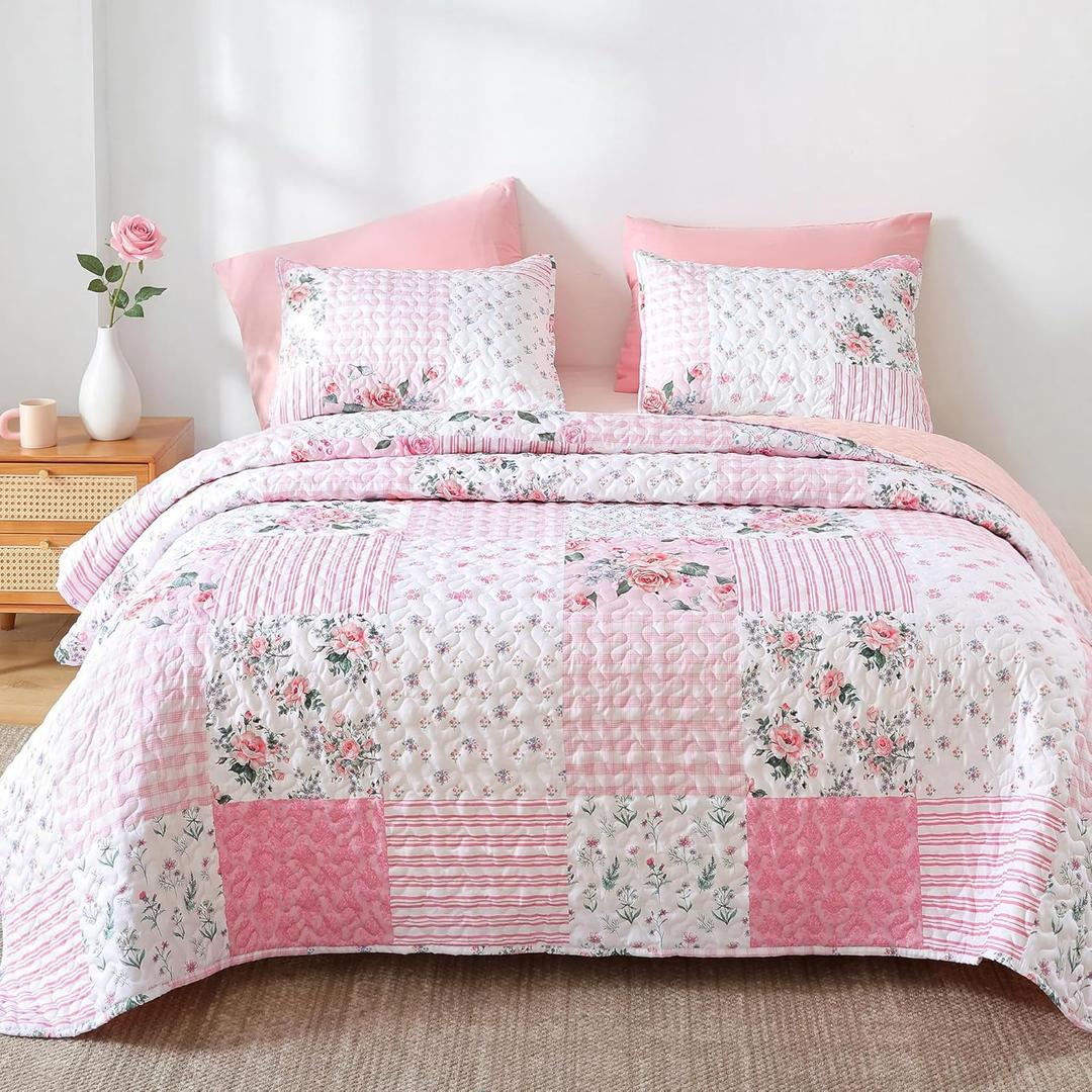 YIKUSH Floral Quilt Set Twin Size Ultra Soft Lightweight Bedspread, 2 Piece Pink Bedding Set (66"x90") with Pillowcases (20"x26"), All Season Coverlet for Bedroom & Guest Room