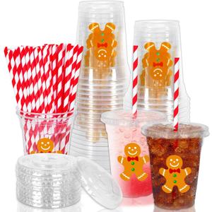Whaline 50Pcs Christmas Disposable Plastic Cups with Lids and Straws 12oz Party Cups Gingerbread Man Cold Beverage Drinking Cups for Xmas Holiday Party Supplies