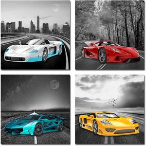 Rtriel Car Pictures Black and White Wall Art Racing Car Canvas Prints for Men Teen Boys Room Sports Car Wall Decor 12 x 12 Inches 4 Pieces
