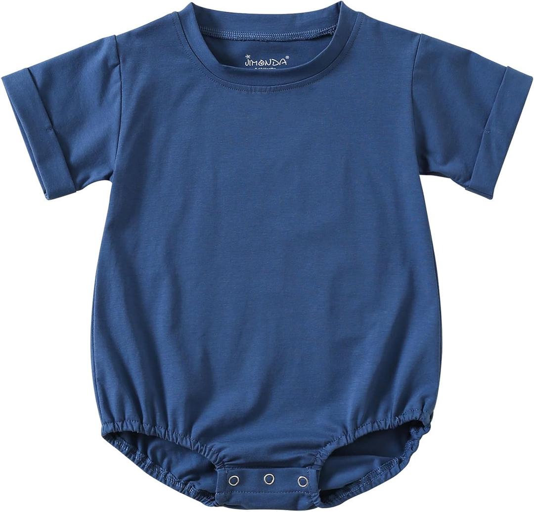 Jimonda Baby Boy Girl Bubble Romper Solid Color Bodysuit Short Sleeve Cotton T-Shirt (Blue, 18-24 M)