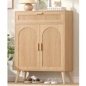 Keehusux Fluted Buffet Cabinet with Storage and Drawer, Natural Oak, 27.6"Wx 11.8"Dx 39.8"H