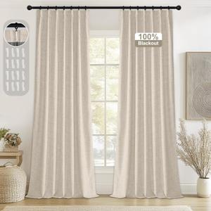StangH Pinch Pleated Full Blackout Linen Curtains for Living Room, Thermal Insulated Farmhouse Drapes with Hooks Rustic Soundproof Track System Panels for Bedroom Nursery, W40 x L90, 2 Panels