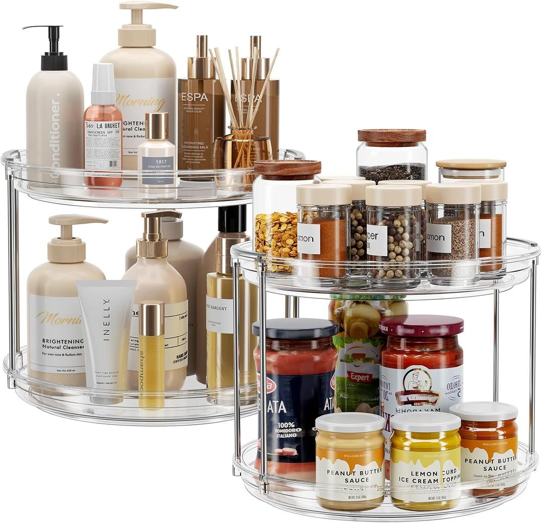 LAMU 2 Pack 2 Tier Lazy Susan Turntable Organizer 9.25'' Rotating Spice Rack Organization for Cabinet, Kitchen, Pantry, Countertop, Bathroom, Vanity, Medicine Cabinet Organizer, Clear