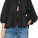 Women Y2K Peplum Shirt Bow Blouse Tie Up Front Puff Short Sleeve Ruffle Babydoll Top (Medium)