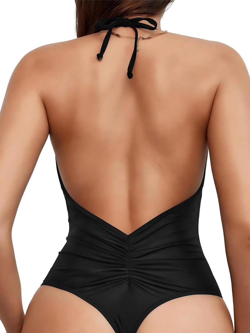 Sexybody Women' s One Piece Sexy Swimsuits Halter Tie Back V Neck Low Back Bathing Suit Ruched Butt High Cut Swimsuit Thong (Black, L)