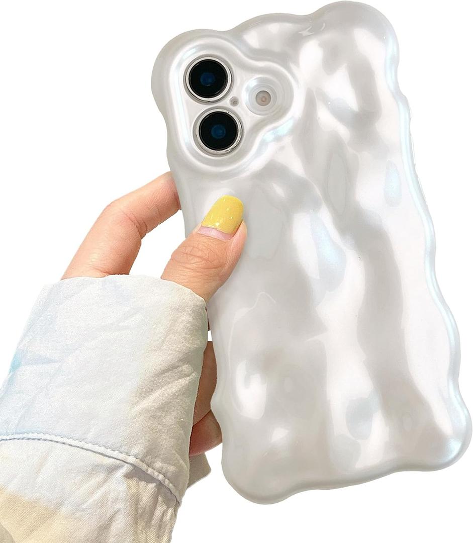 XIZYO for iPhone 16 Case 6.1 Inch Cute Wave Pattern Aesthetic Phone Case 3D Curly Wavy Shape Plating Glitter Bling for Women Girls Soft Bumper Silicone Shockproof Case, Pearl White