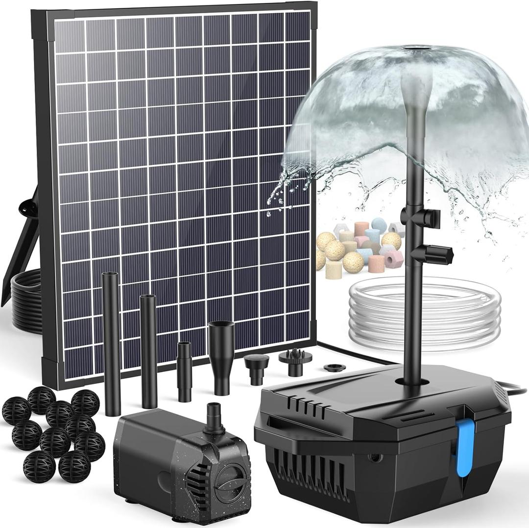 Antfraer 25W Solar Pond Filter with Water Pump, Solar Pond Pump with 6.6FT PVC Tubing/16.5FT Cord, Pond Filter Box for Outdoor Small Pond Waterfall Garden Bird Bath Water Clear