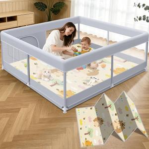 Baby Playpen with Mat, 50 x 50 Inch Play Pen Playards, Playpen for Babies and Toddlers, Baby Playard for Indoor & Outdoor Active Center Game Fence, Skin-Friendly Fabric and Soft Breathable Mesh