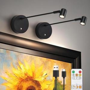 Lights for Pictures On Wall, Battery Operated Picture Light Rechargeable, Black Led Art Lighting for Paintings Wireless with Remote Magnetic Stick Dimmable and Timer2 Pack